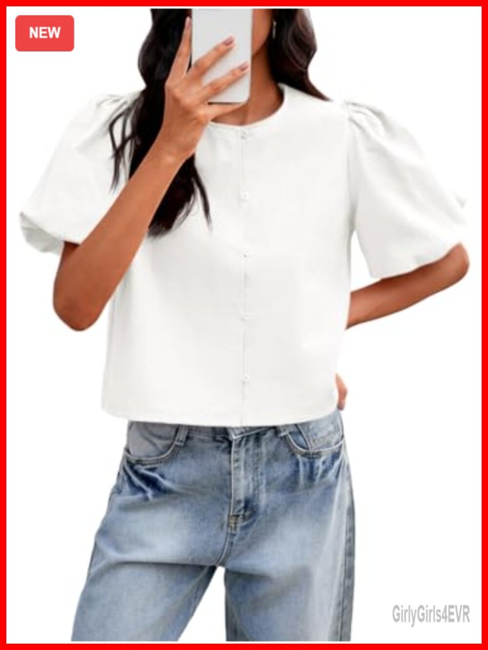 Womens Cropped Button Down Blouse Puff Sleeve Loose Fit Top